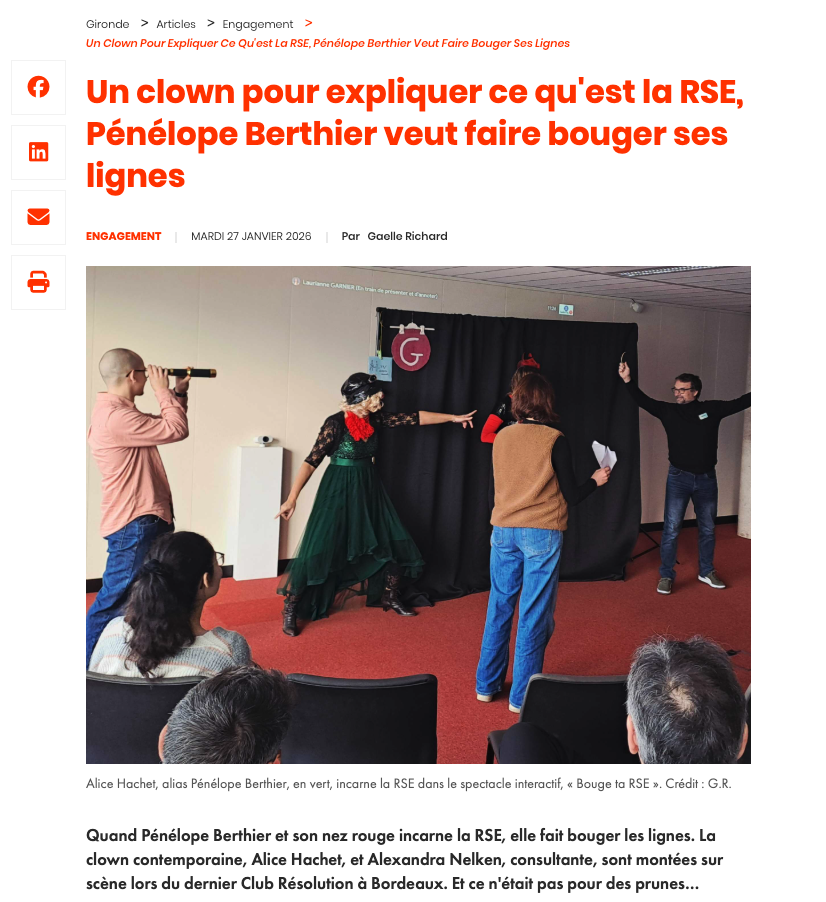 Alice Hachet, alias Pénélope Berthier, incarne la RSE dans le spectacle interactif « Bouge ta RSE ». Crédit : G.R.